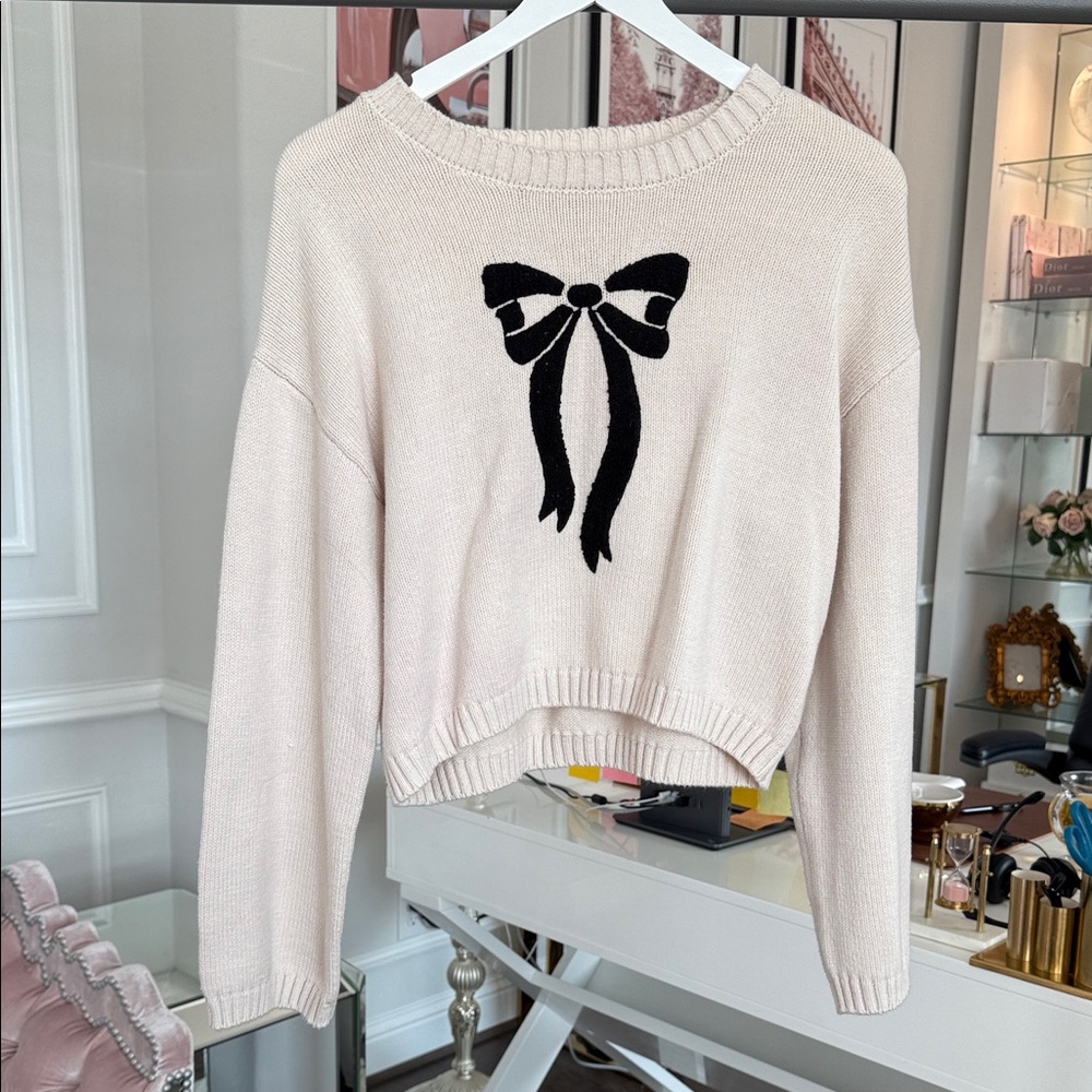 Sincerely Jules Cream Sweater with Black Bow Medium